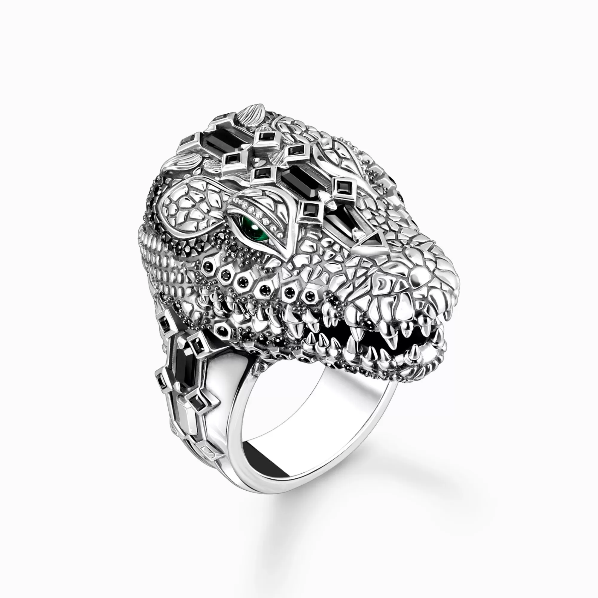 Discount Anillo de plata de ley 925 ennegrecida en forma de cabeza de cocodrilo con piedras negras y verdes Mujer Anillos | Anillos