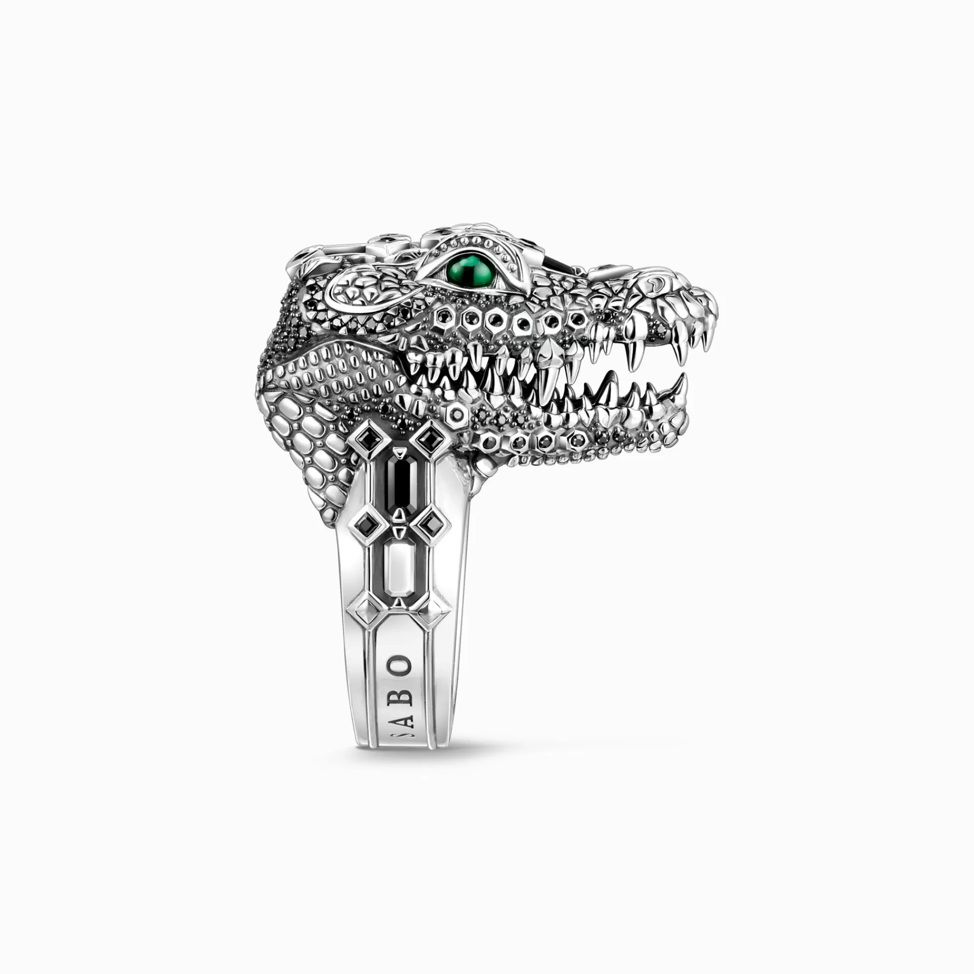 Discount Anillo de plata de ley 925 ennegrecida en forma de cabeza de cocodrilo con piedras negras y verdes Mujer Anillos | Anillos
