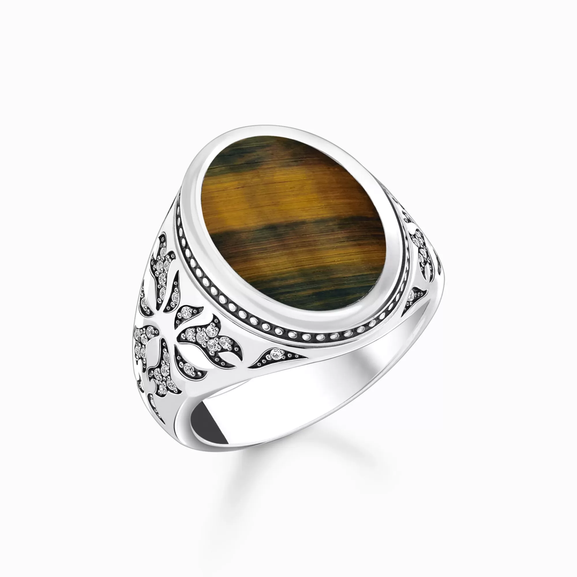 Hot Anillo de sello de plata ennegrecida con ojo de tigre azul y dorado Mujer Anillos | Anillos