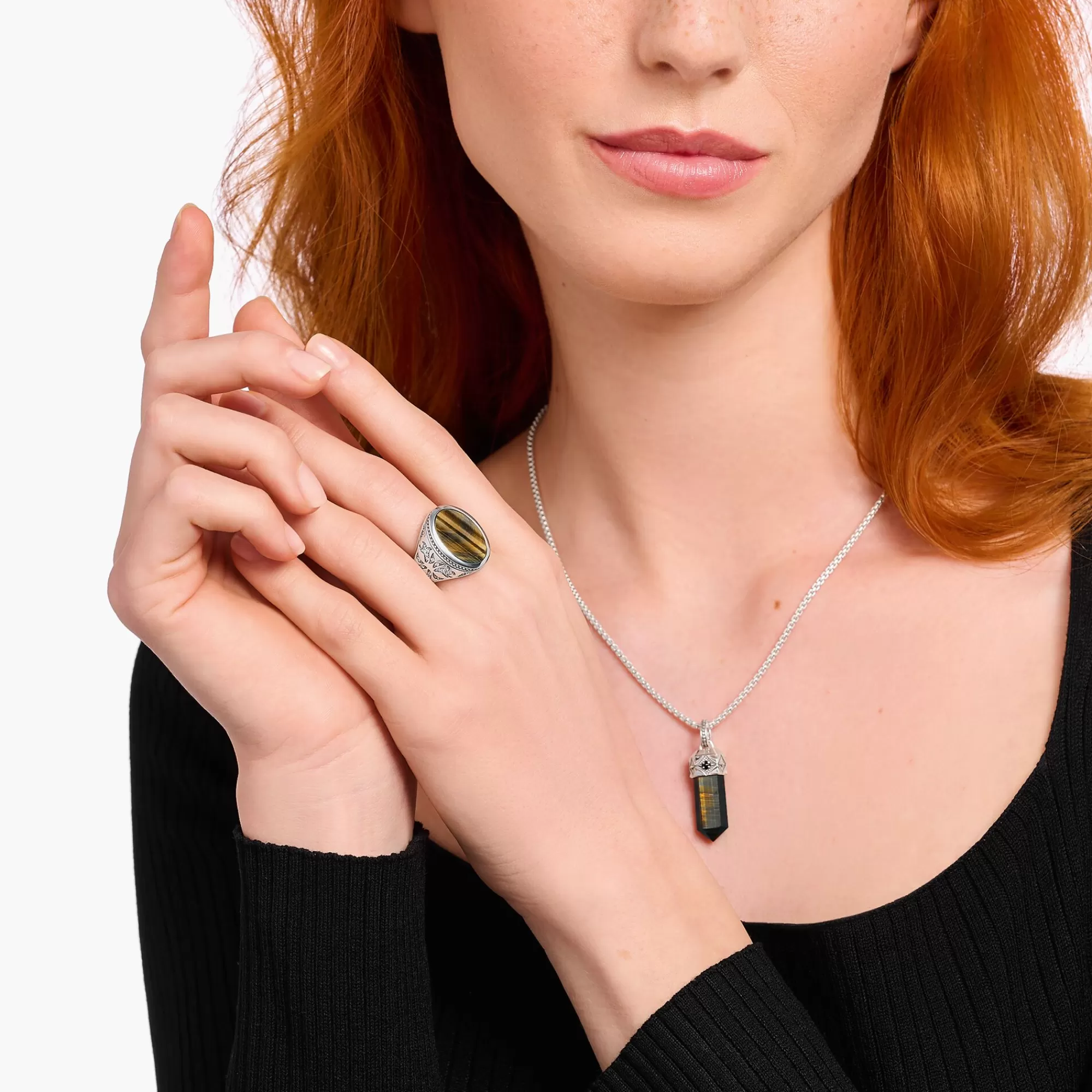 Hot Anillo de sello de plata ennegrecida con ojo de tigre azul y dorado Mujer Anillos | Anillos