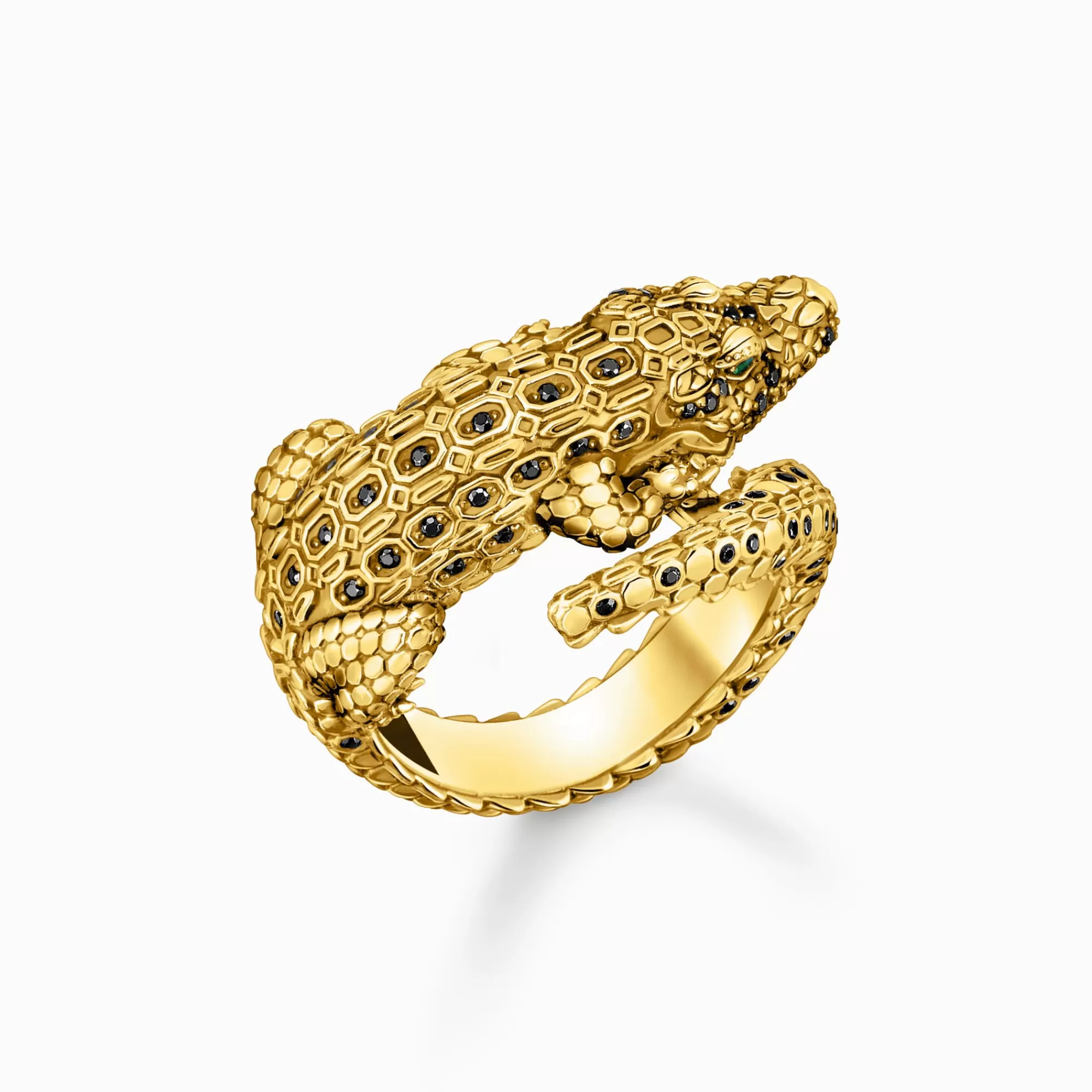 Flash Sale Anillo en forma de cocodrilo con piedras negras y verdes Mujer Anillos | Baño De Oro De 18 Quilates - Plata 925