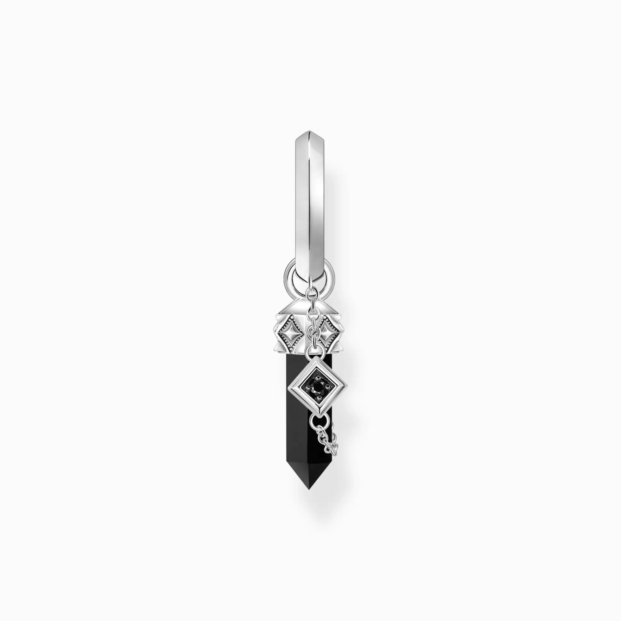 Hot Aro individual de plata ennegrecida con colgante de ónix y cadena Mujer Aros | Pendientes De Botón & Aros