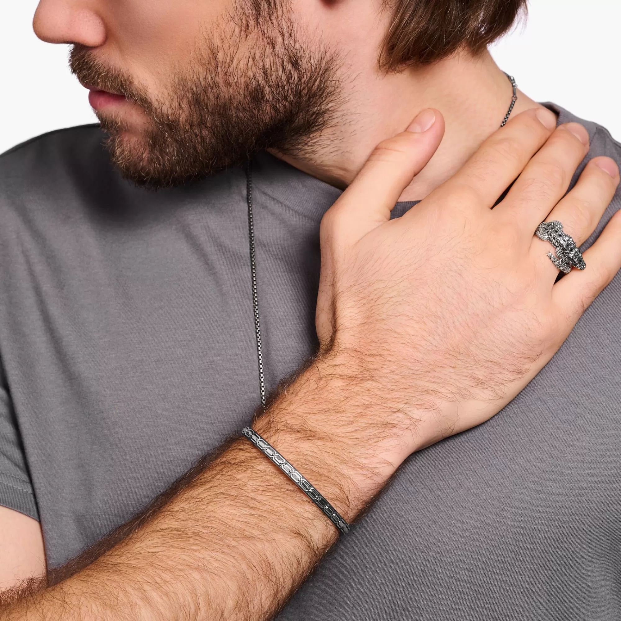 Outlet Brazalete fino de playa de ley 925 ennegrecido con diseño de escamas de cocodrilo Mujer Brazaletes | Brazalete
