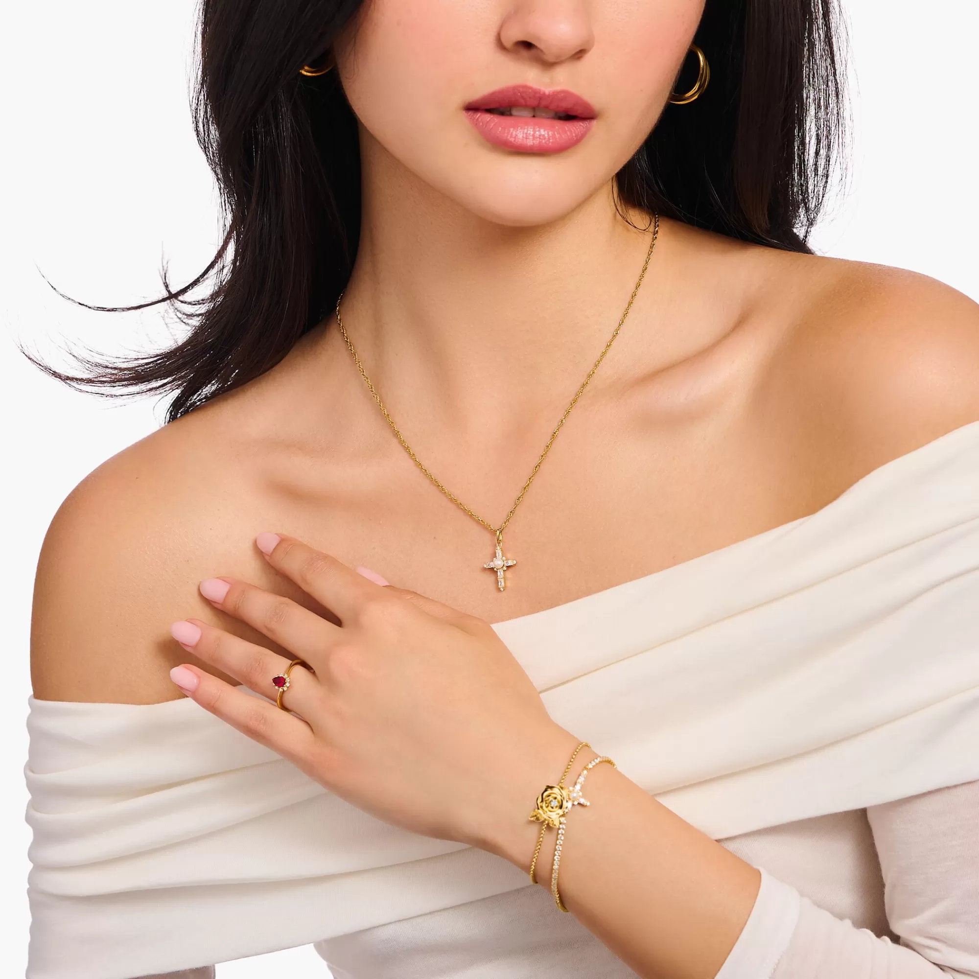 Online Cadena chapada en oro con colgante en forma de cruz blanca Cross Romance Mujer Cadenas