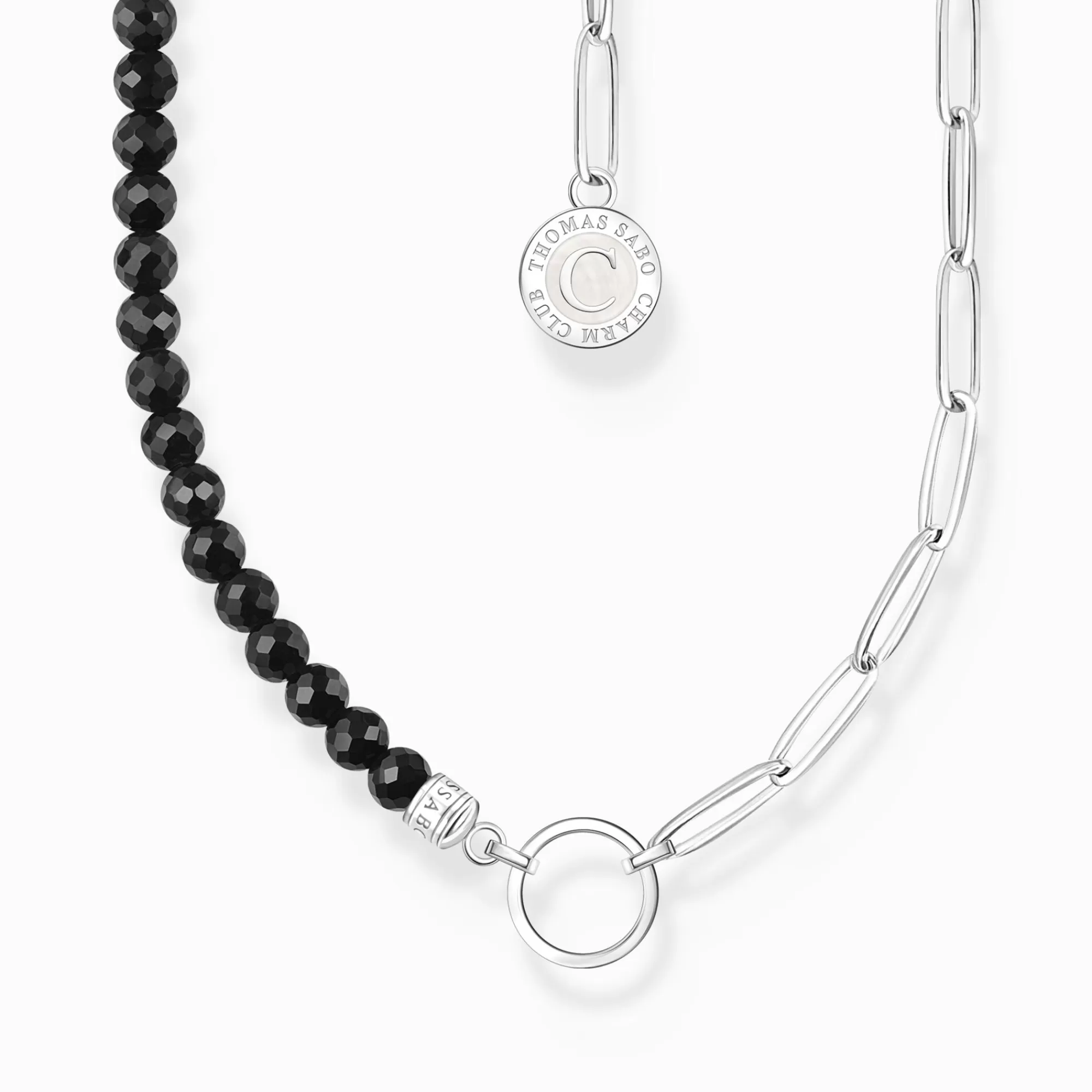 Sale Cadena Charm de eslabones de plata con cuentas de obsidiana negra Mujer Charm Cadenas | Charm Cadenas