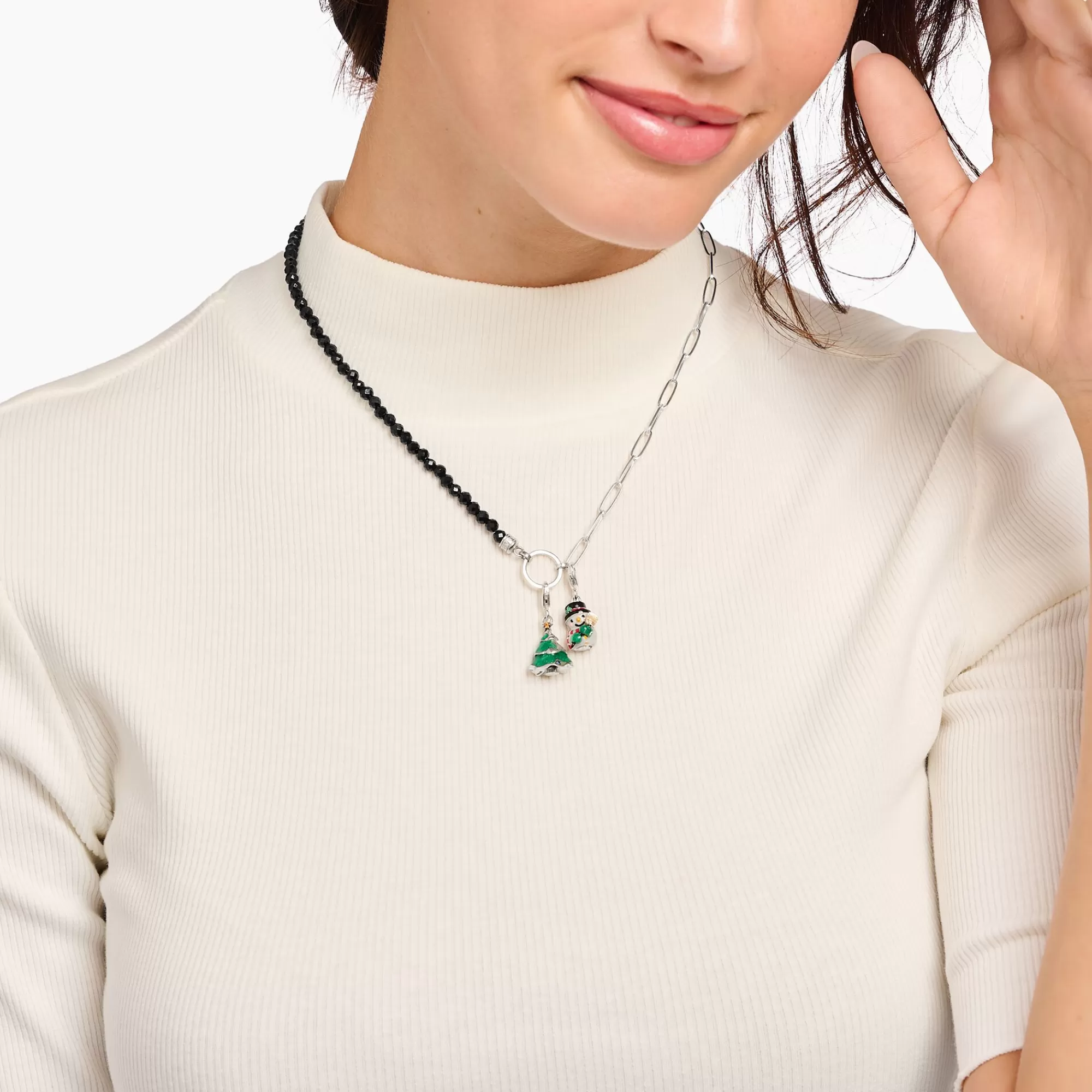 Sale Cadena Charm de eslabones de plata con cuentas de obsidiana negra Mujer Charm Cadenas | Charm Cadenas