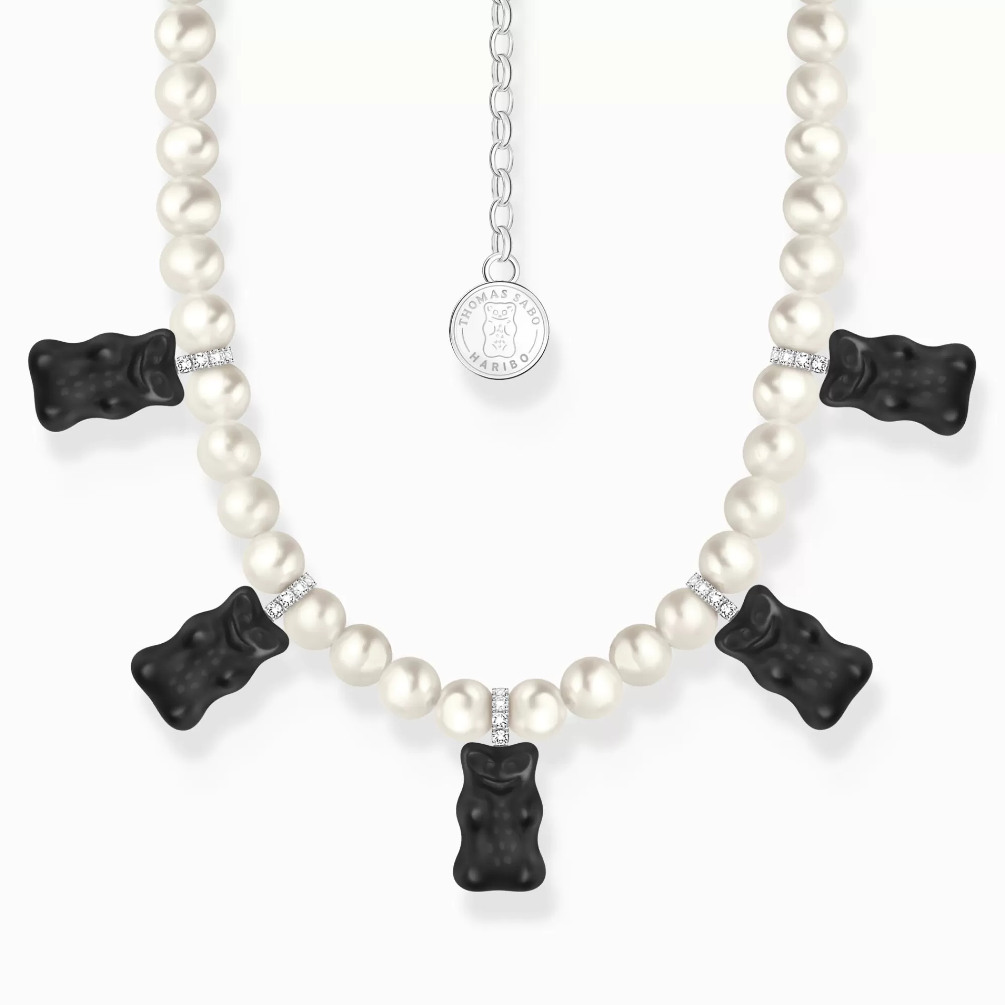 Cheap Cadena de perlas de plata con 5 Ositos de Oro de negro Mujer Cadenas | Cadenas