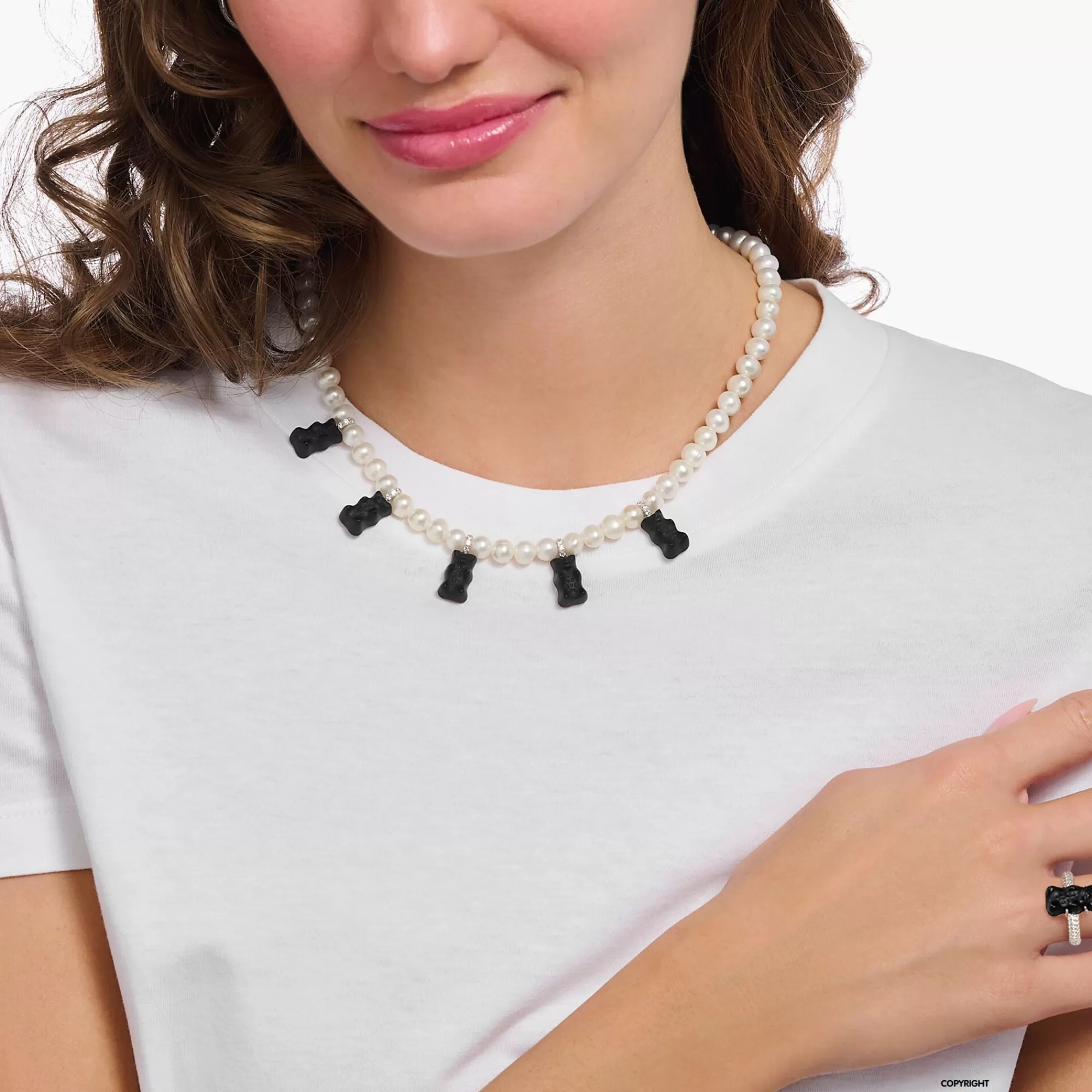 Cheap Cadena de perlas de plata con 5 Ositos de Oro de negro Mujer Cadenas | Cadenas