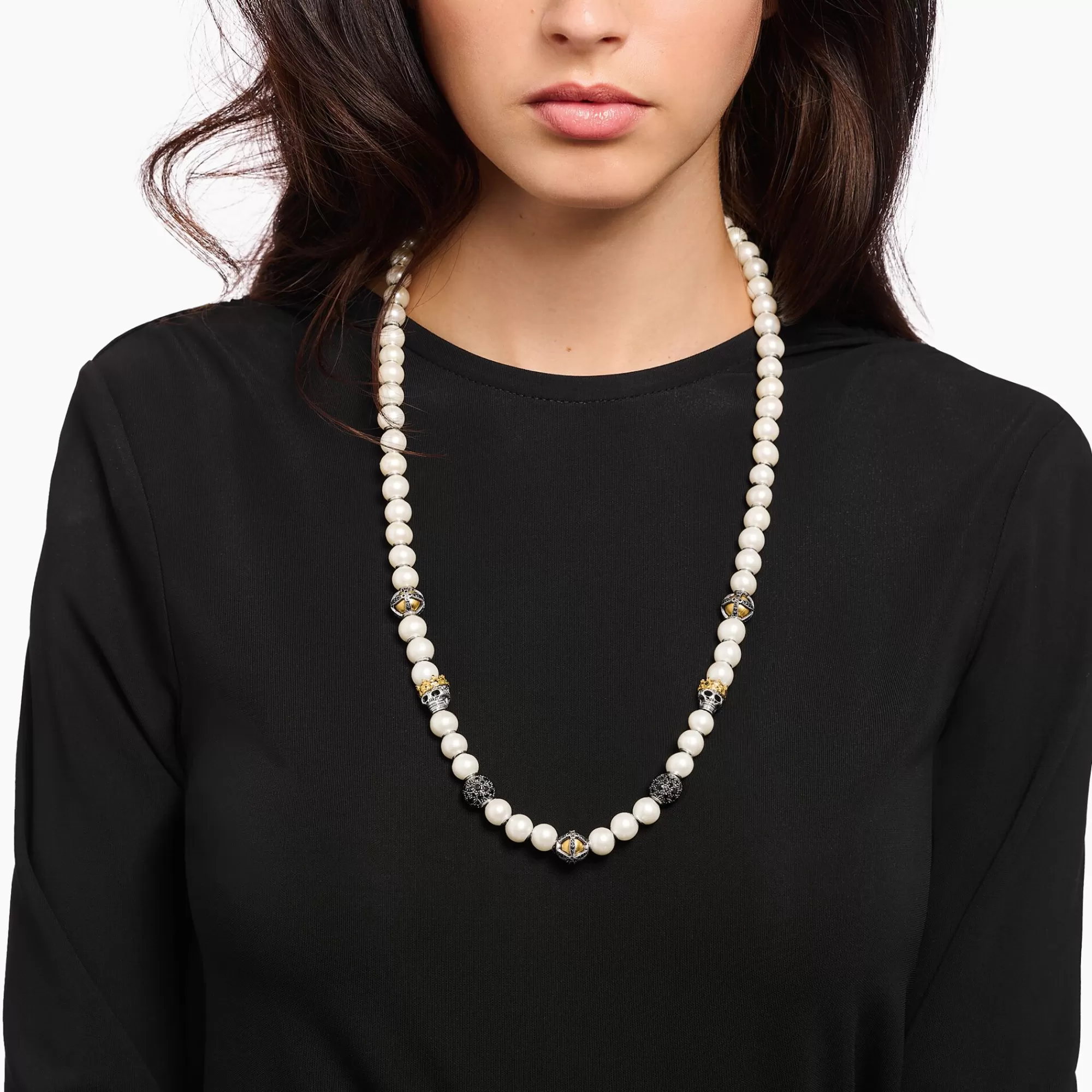 Store Collar chapado en oro, perlas cultivadas de agua dulce, calaveras y cuentas Hombre Cadenas | Baño De Oro De 18 Quilates - Plata 925