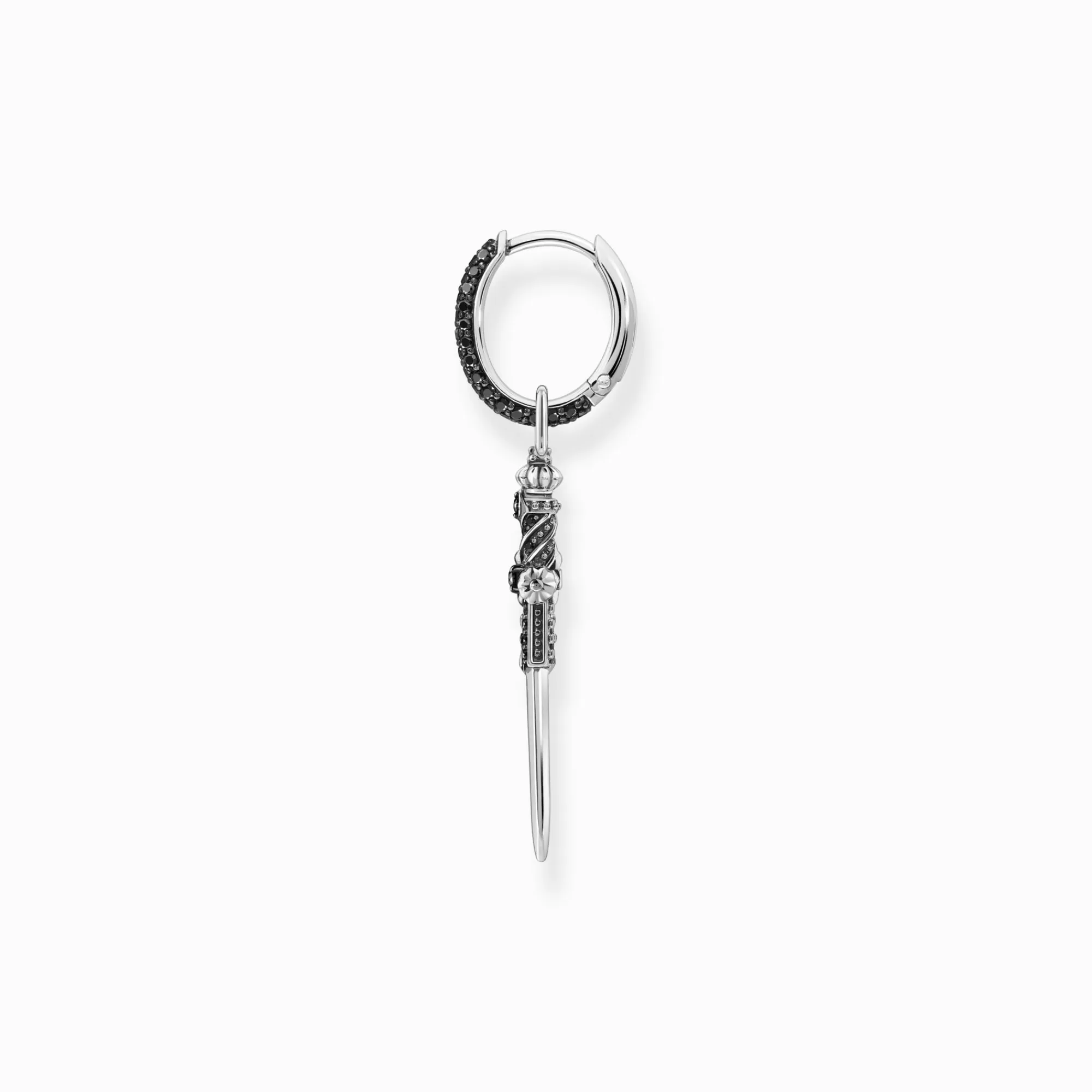 Sale Pendiente de aro sencillo de plata ennegrecida con espada y piedras negras Mujer Aros | Plata 925