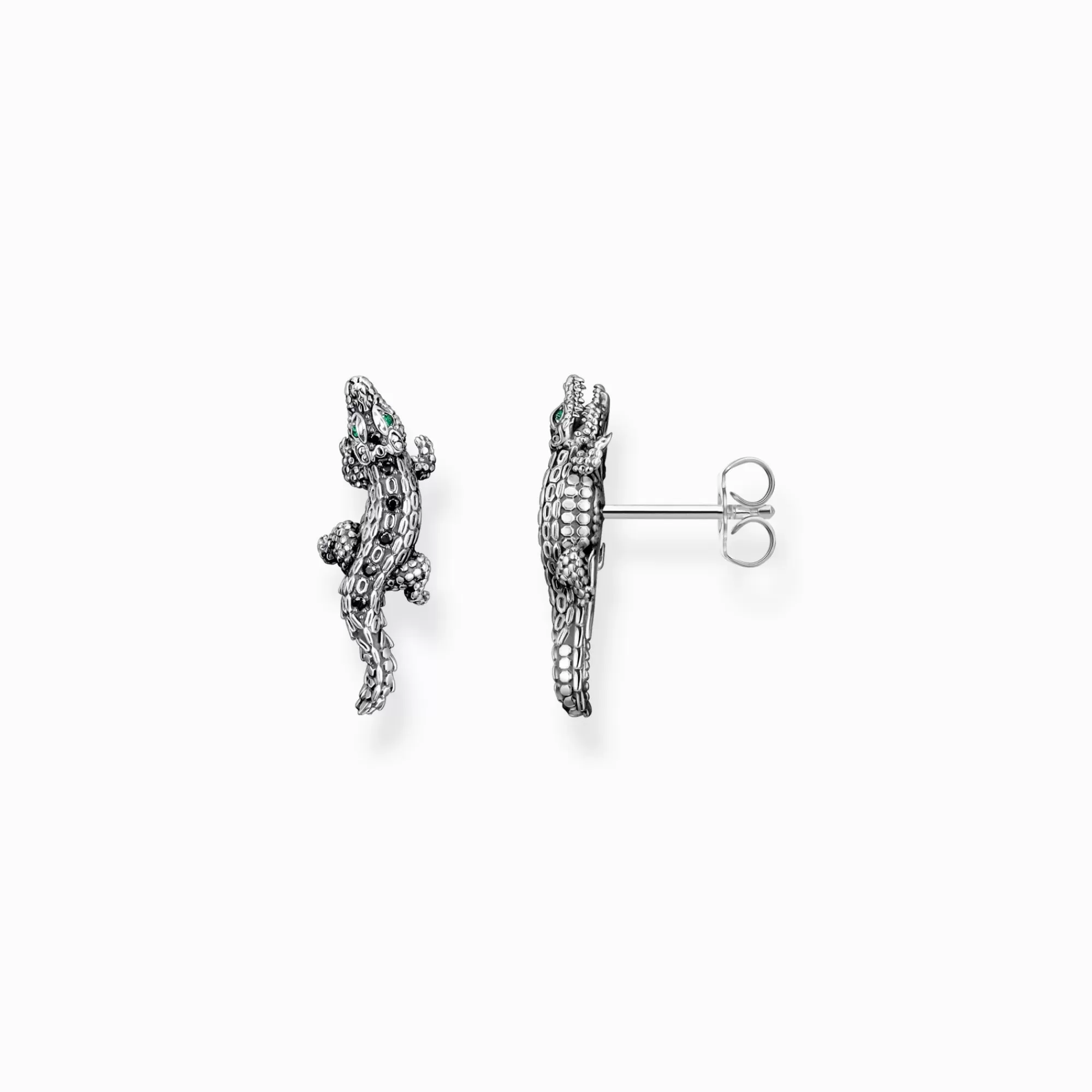 Clearance Pendientes de plata de ley 925 ennegrecida en forma de cocodrilo con piedras negras y verdes Mujer Pendientes De Botón | Pendientes De Botón & Aros
