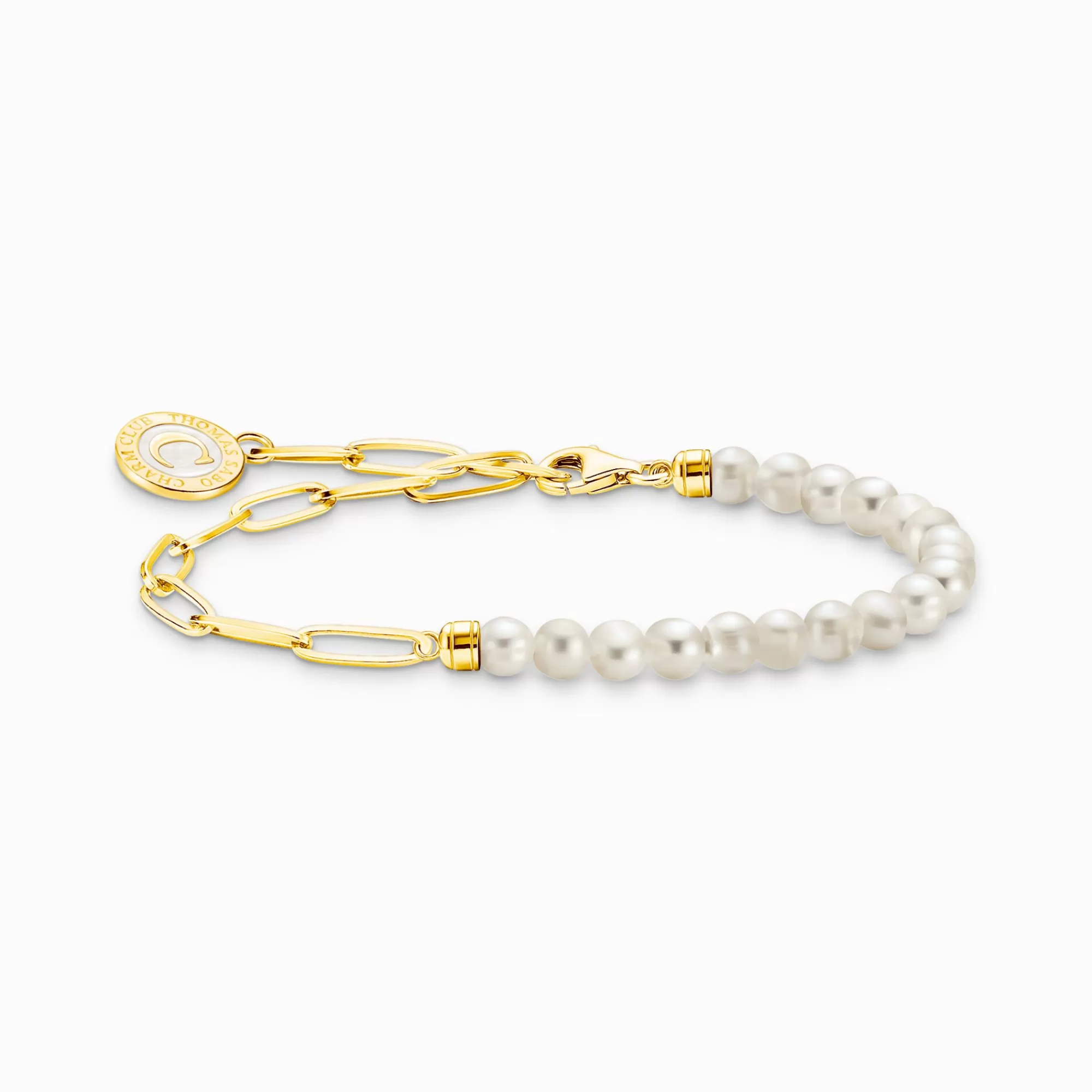 Outlet Pulsera Charm con perlas blancas y medalla chapado en oro Mujer Charm Pulseras | Charm Pulseras