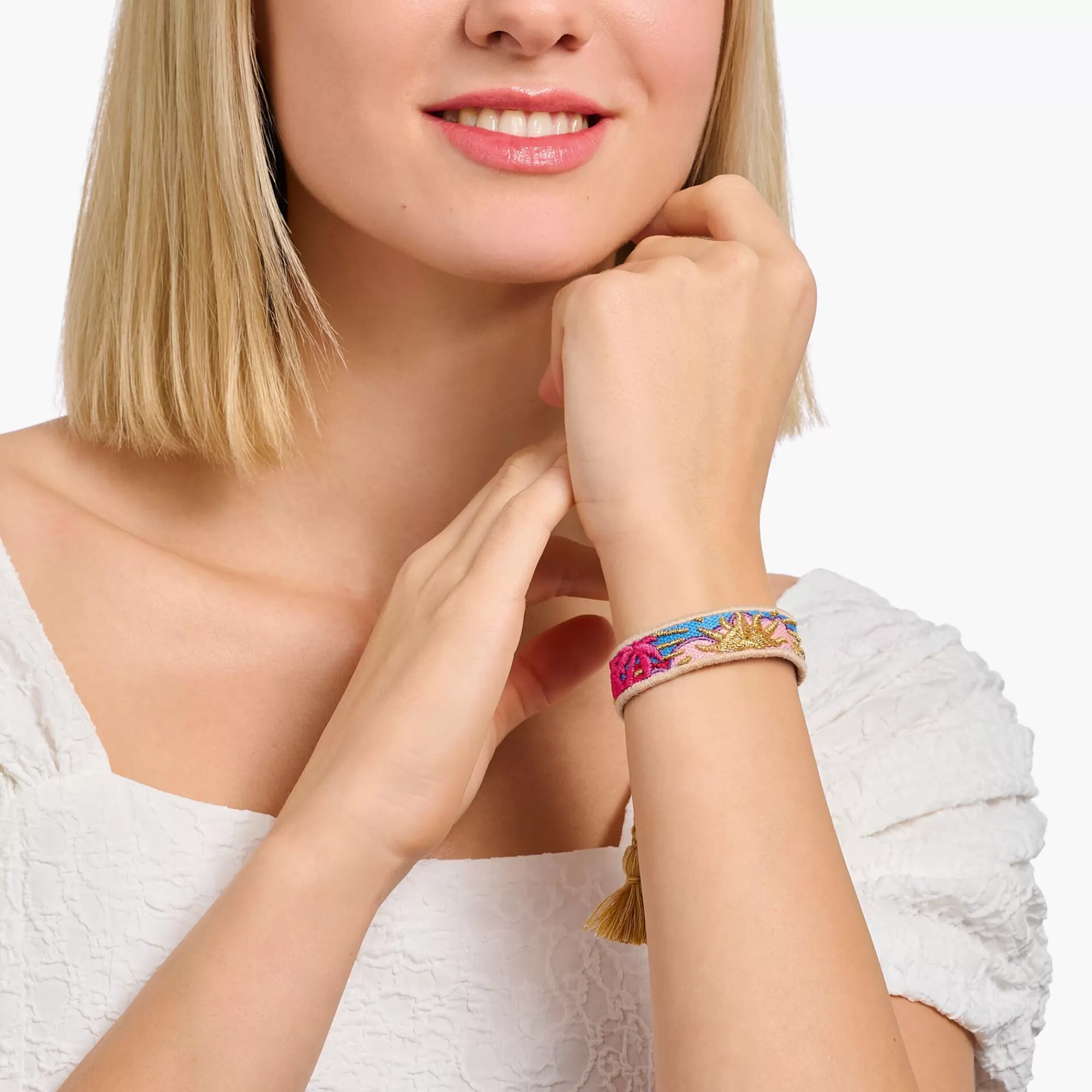 Cheap Pulsera tejida con un sol, palmeras y cactus en dorado, fucsia y verde Accesorios