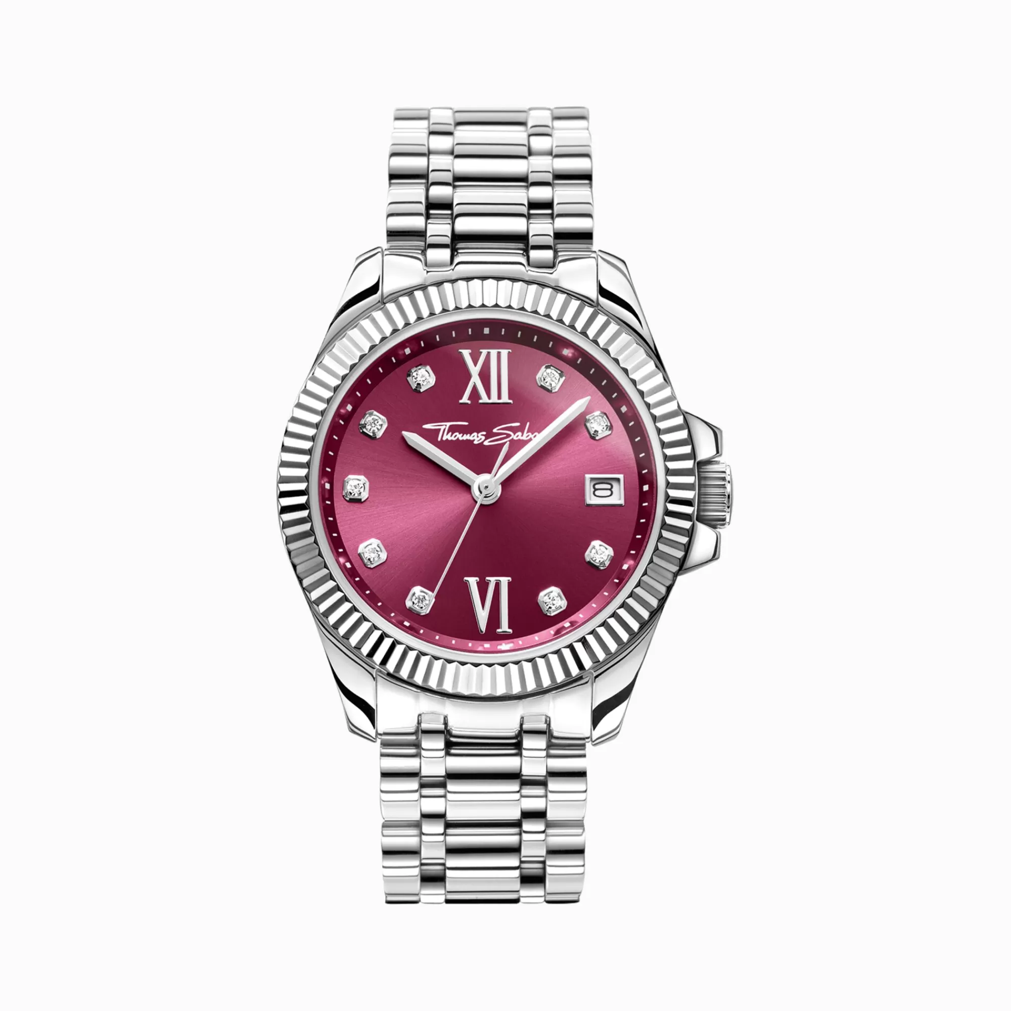 Flash Sale Reloj de señora Divine Burgundy con esfera rojo vino y piedras blancas plata Mujer Relojes | Relojes Para Mujer